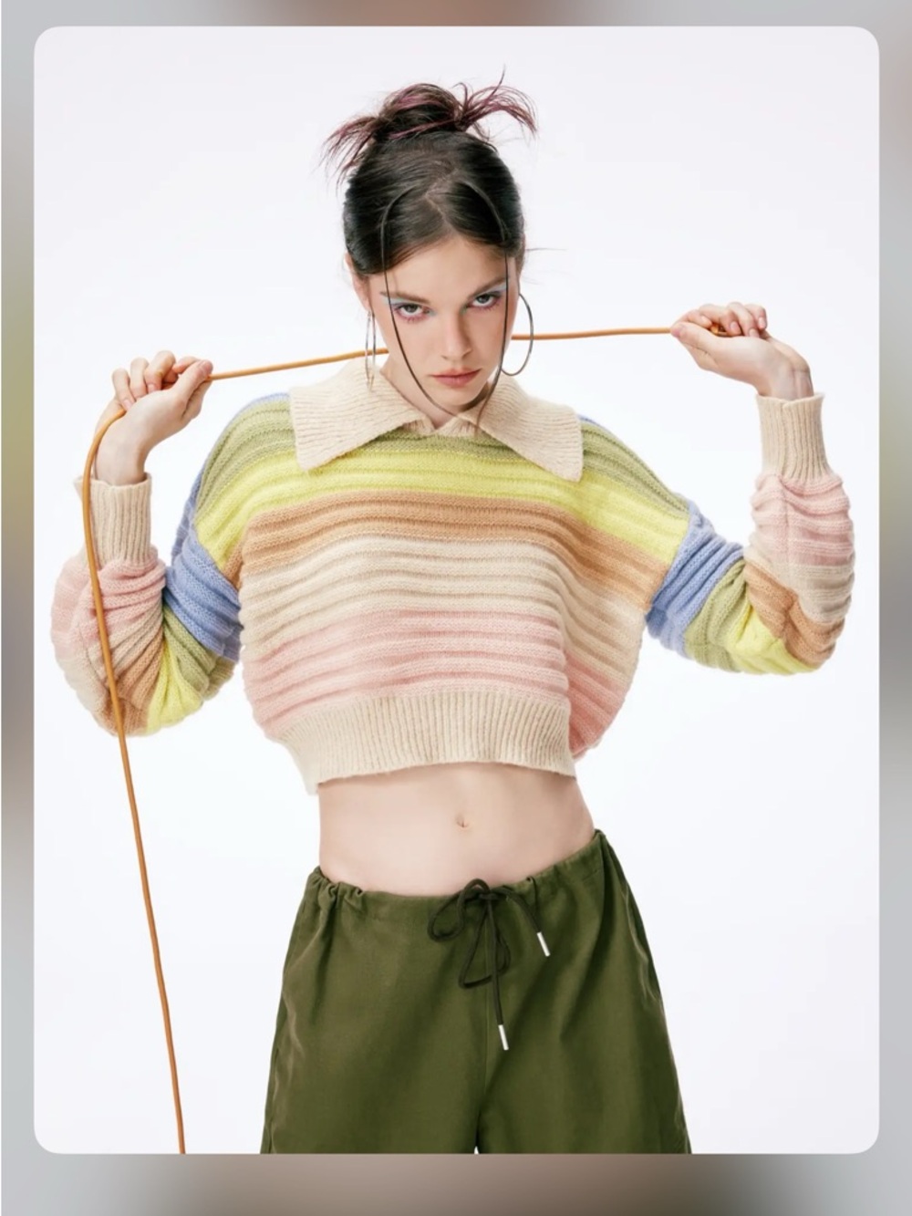 Cider Pastel Striped Cropped Sweater with Collar - Women's